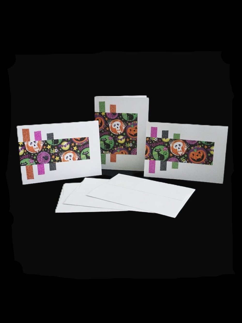 3 Halloween Handmade Greeting Cards 5x7 Circle Print with Glitter Strips